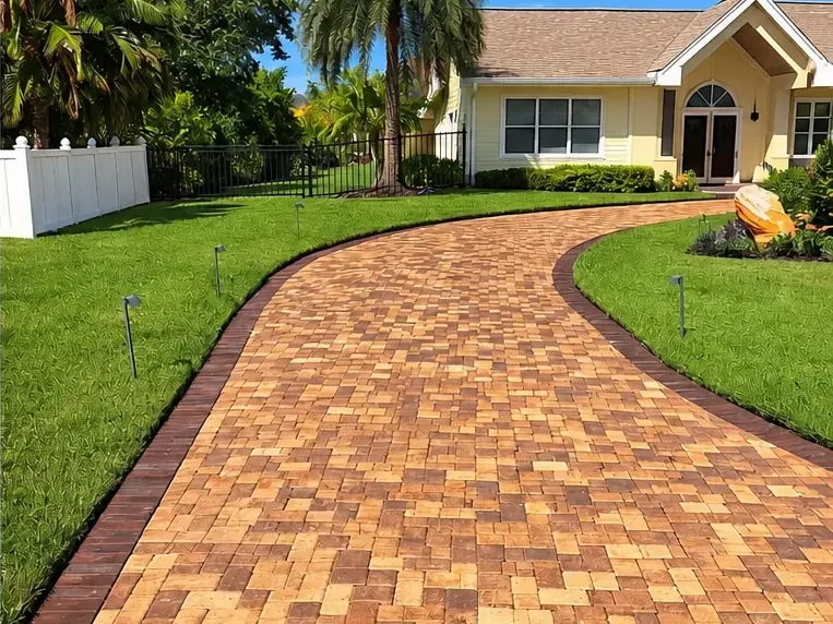 The same paver driveway after cleaning and sealing, warm tan and terracotta color restored