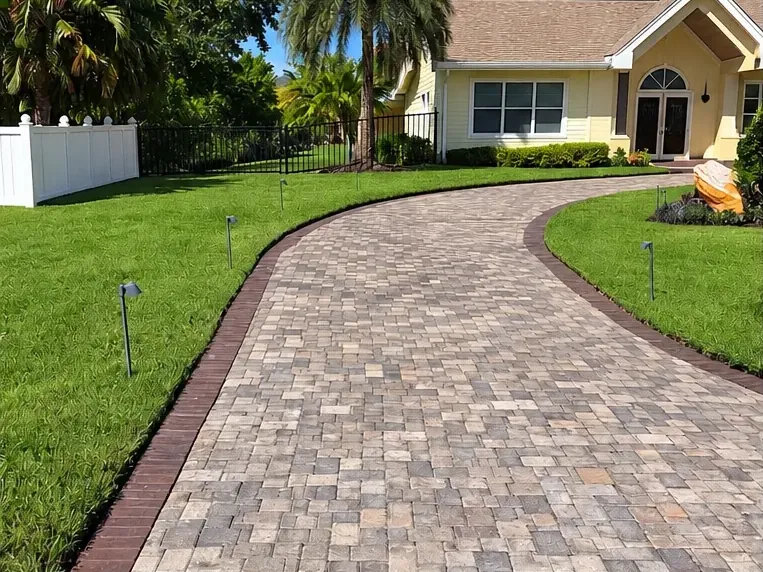 Weathered gray paver driveway curving up to a yellow Florida-style home with palms