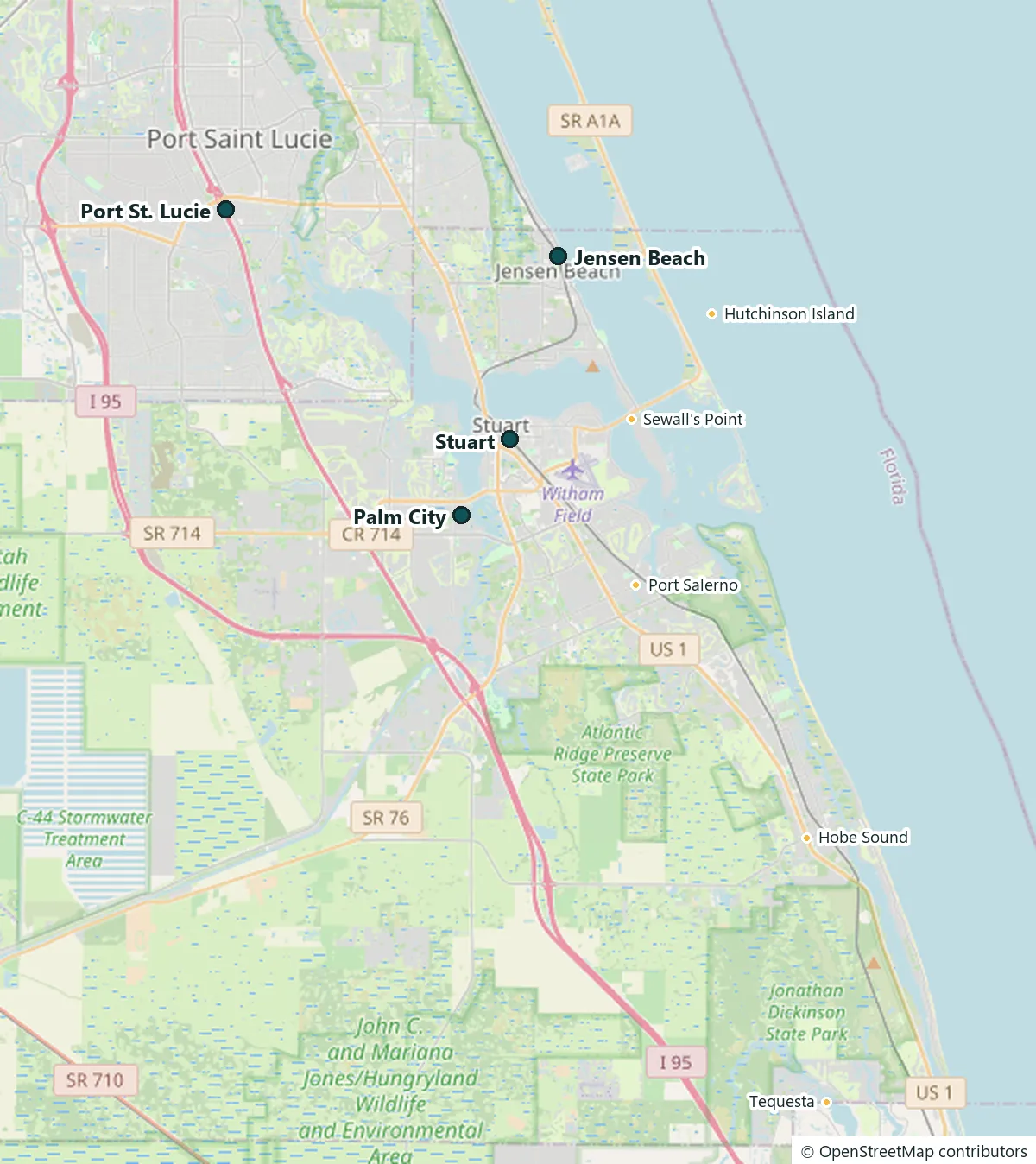 Map of the service area: Stuart, Palm City, Jensen Beach, Port St. Lucie, Hobe Sound and nearby Martin County towns